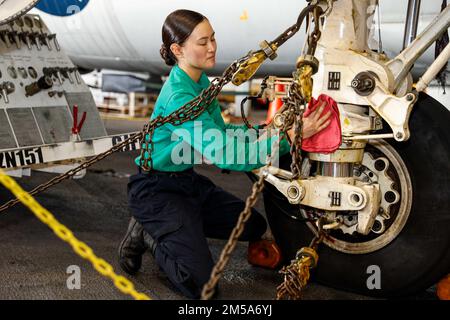 PHILIPPINE SEA (15. Februar 2022) Aviation Machinist's Mate 2. Class Michelle Berry, aus Prince George, Virginia, zugewiesen an die „Wallbangers“ des Flugzeugträgers Carrier Airborne Early Warning Squadron (VAW) 117, verhindert Korrosion an einer E-2D Hawkeye in der Hangarbucht an Bord des Flugzeugträgers USS Abraham Lincoln (CVN 72) der Nimitz-Klasse. Die Abraham Lincoln Strike Group befindet sich in einem geplanten Einsatz im US-7.-Flottenbereich, um die Interoperabilität durch Allianzen und Partnerschaften zu verbessern und gleichzeitig als einsatzbereite Truppe zur Unterstützung einer freien und offenen Region Indo-Pacific zu fungieren. Stockfoto