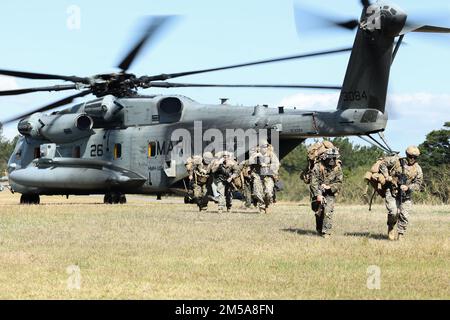 USA Marines mit 1. Bataillon, 3D Marines, 3D. Marine-Division, Abladen von einem CH-53E Super Hengst während der Jungle Warfare Übung 22 im Central Training Area, Okinawa, Japan, 15. Februar 2022. Bei JWX 22 handelt es sich um eine groß angelegte Schulung vor Ort, die darauf ausgerichtet ist, die integrierten Fähigkeiten gemeinsamer und verbundener Partner zu nutzen, um das Bewusstsein für alle Bereiche, das Manövrieren und Brände in einer verteilten maritimen Umgebung zu stärken. 1/3 wird im Indo-Pacific unter 4. Marines als Teil des Unit Deployment Program vorwärtsversetzt. Stockfoto