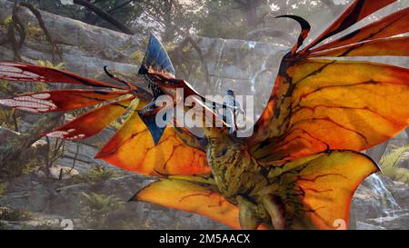 Jake Sully (gesprochen von Sam Worthington) reitet auf dem Großen Leonopteryx Toruk im „Avatar“ von Twentieth Century Fox (2009). Foto: Twentieth Century Fox Stockfoto