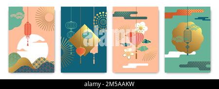 Bunte asiatische Feier Hintergrund Vorlage Set. Luxuriöse Golddarstellung mit traditioneller chinesischer Laterne, Feuerwerk und minimalistischer Landschaft. Kinn Stock Vektor