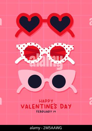 Alles Liebe zum Valentinstag Grußkarte Illustration. Niedliche herzförmige Sonnenbrille Hintergrund mit Text Zitat für Februar 14 Holiday Event. Retro Frauen fa Stock Vektor