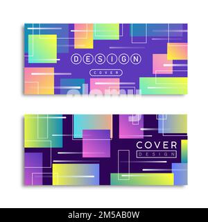 Bunte abstrakte geometrische Form Abdeckung Set. Futuristische Neon-Dekoration in Retro-Pastellfarben. Vintage Label Bundle für trendige Produktpräsentation o Stock Vektor