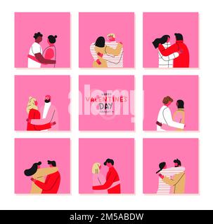 Happy Valentine's Day Grußkarte Set mit handgezeichneten Comic-Paare. Diverse rosa Freund und Freundin paar umarmt zusammen. Februar 14 ho Stock Vektor