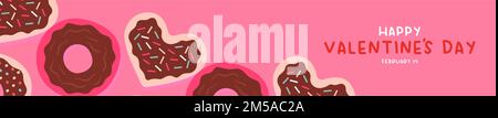 Thin Web-Banner-Illustration zum Valentinstag. Süßer herzförmiger Donut und rosa Schokoladenkuchen mit Streuseln. Februar 14 Feiertagsveranstaltung Header de Stock Vektor