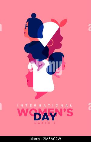 Internationaler Frauentag Grußkarte Illustration. Verschiedene rosa Frauen Gesichter zusammen für Frauenrechte Veranstaltung am 8. märz. Moderne flache Cartoon-Stil d Stock Vektor