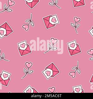 Valentinstag Cartoon nahtlose Muster. Liebesbrief mit rosa Blume, handgezeichnete Dekoration Hintergrund für Urlaub drucken oder Hochzeit Konzept. Romanti Stock Vektor