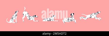 Cute dalmatinischen Hund Tier auf isoliertem Hintergrund gesetzt. Lustige Hand gezeichnet Haustier Cartoon Charakter Sammlung, glücklich Welpen in verschiedenen Posen. Stock Vektor