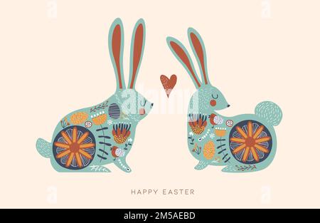 Frohe Ostern Grußkarte von zwei niedlichen Kaninchen mit Naturdekoration im Vintage Folk handgezeichneten Stil. Weihnachtszeit Illustration für traditionelle sp Stock Vektor
