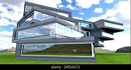 Futuristisches Haus mit ungewöhnlicher Form, das auf dem grünen Rasen in den Bergen errichtet wurde. 3D-Rendering. Stockfoto