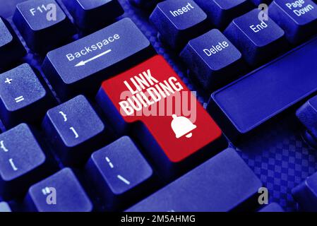Textzeichen mit Link-Erstellung. Geschäftsübersicht SEO Term Exchange Links Acquire Hyperlinks indexiert Stockfoto