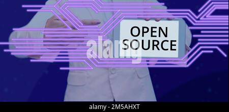 Schreiben Text anzeigen Open Source. Geschäftsidee, die Software angibt, deren ursprünglicher Quellcode frei verfügbar ist Stockfoto