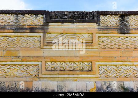 Komplizierte Mosaikfretwork, archäologische Zone von Mitla, Columns Group, The Palace, Oaxaca State, Mexiko Stockfoto