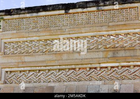 Komplizierte Mosaikfretwork, archäologische Zone von Mitla, Columns Group, The Palace, Oaxaca State, Mexiko Stockfoto