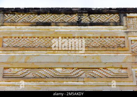 Komplizierte Mosaikfretwork, archäologische Zone von Mitla, Columns Group, The Palace, Oaxaca State, Mexiko Stockfoto