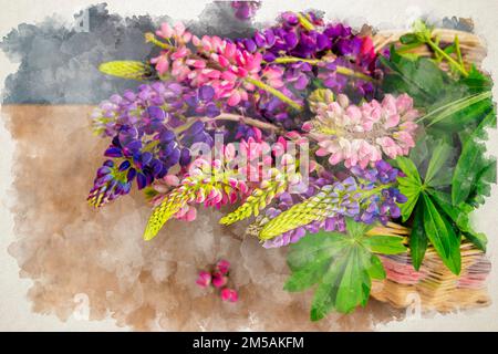 Strauß Sommerblumen Aquarell Illustration. Mehrfarbige Lupinen. Blumenhintergrund. Digitale Zeichnung von Lupinenblumen. Botanische Blütenpflanze. Stockfoto