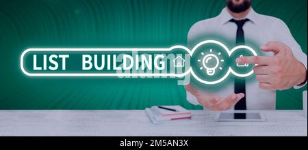 Textbeschriftung zur Erstellung der Liste. Internet Concept Database mit Personen, die Sie mit Ihrer Marketingbotschaft kontaktieren können Stockfoto