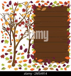 Im Herbst fallenden Blätter mit leeren Holzschild mit Platz für Text; Vorlage von Holz- Zeichen für eine Werbung für Saisonale Rabatt Stock Vektor