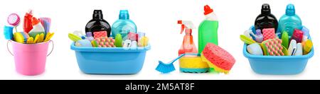 Sammlung von Haushaltsreinigungsmitteln auf weißem Hintergrund isoliert. Stockfoto