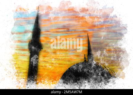 Aquarellmalerei der Moschee. Silhouette einer Moschee bei Sonnenuntergang in Istanbul. Istanbul Landschaftskunst in Aquarellfarben. Stockfoto