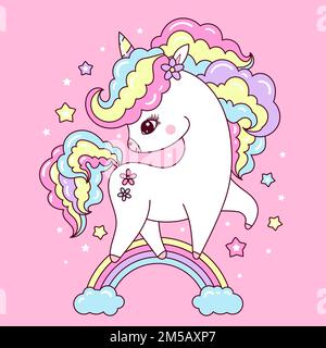 Ein süßes weißes Einhorn mit einer Regenbogenmähne. Fantasy-Tier. Für die Gestaltung von Abzügen, Postern, Karten, Aufklebern, Bechern, t-Shirts und so weiter. Vektor Stock Vektor