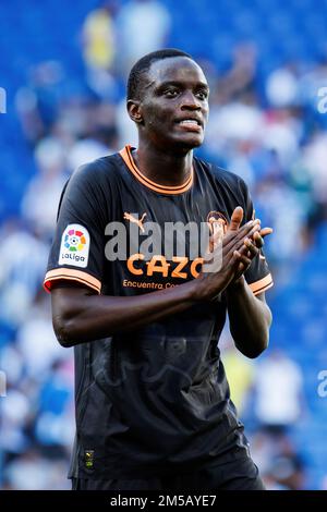 BARCELONA - Okt 2: Diakhaby in Aktion beim Spiel La Liga zwischen RCD Espanyol und Valencia CF im RCDE-Stadion am 2. Oktober 2022 in Barcelona, S. Stockfoto