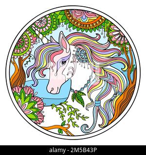 Einhornkopf in rundem Blumenrahmen. Zeichne mit der Hand ein magisches Pferd für Puzzle, Tattoo, Design, Druck. Vektordarstellung eines Einhorns in einem verwickelten Katzenfutter Stock Vektor