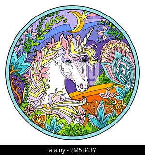 Einhorn in rundem Blumenrahmen. Zeichne mit der Hand ein magisches Pferd für Puzzle, Tattoo, Design, Druck. Vektordarstellung eines Einhorns im verworrenen Doodle-Stil Stock Vektor