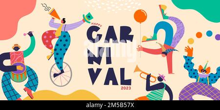 Happy Carnival, Festival and Circus Event Design mit lustigen Künstlern, Tänzern, Musikern und Clowns. Straßenkunst, Karnevalskonzept. Farbenfroh Stock Vektor