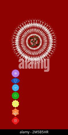Chakra-Symbole und heilige Geometriesymbole isoliert auf farbigem Hintergrund mit Kopierbereich für die Konstruktion Stockfoto