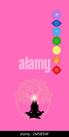 Chakra-Symbole und heilige Geometriesymbole isoliert auf farbigem Hintergrund mit Kopierbereich für die Konstruktion Stockfoto