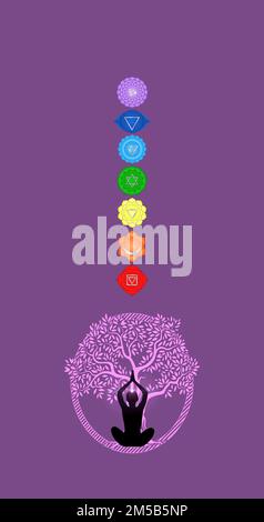 Chakra-Symbole und heilige Geometriesymbole isoliert auf farbigem Hintergrund mit Kopierbereich für die Konstruktion Stockfoto