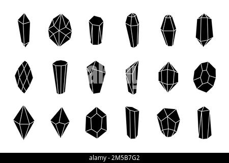 Schwarze Silhouette mit Kristallmineralien – Symbolset. Geometrische Edelsteinkollektion. Darstellung isolierter Konturen bei Schmuck und Diamanten Stock Vektor