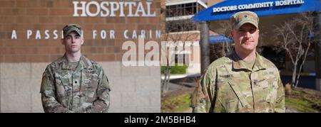 Maryland Army National Guard Soldiers SPC. Patrick Sheil und SPC. Paul Hofe, Mitglieder des 1. Bataillons, 175. Infanterie-Regiment, leitete Herz-Lungen-Wiederbelebung und half ein Leben im Doctors Community Hospital, Lanham, Maryland am 18. Februar 2022 zu retten. Stockfoto