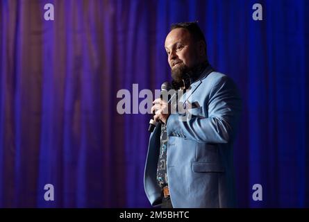 Goldmedaillengewinner Steven Bradbury spricht auf einer Veranstaltung in Melbourne, Australien Stockfoto