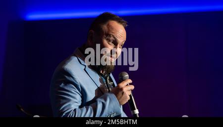 Goldmedaillengewinner Steven Bradbury spricht auf einer Veranstaltung in Melbourne, Australien Stockfoto