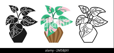 Hauspflanze im Blumentopf-Zeichentrickset. Kollektion im Blatttopf-Keramik-Doodle-, Linien- oder Silhouettenstil. Moderne Bo-Ho-Zimmerpflanze im Topf Innenraum natürlich trendy Dekor Stempel Vektor Stock Vektor