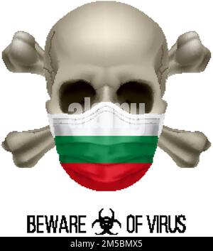 Menschlicher Schädel mit Kreuz und Operationsmaske in der Farbe der Nationalflagge Bulgarien. Maske in Form der bulgarischen Flagge und Schädel als Begriff des Dire Stock Vektor