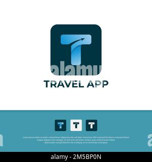 Brief T Reiseagentur Logo App Design Inspiration, Vektor Illustration Buchstabe T mit Flugzeug Silhouette Vorlage Stock Vektor