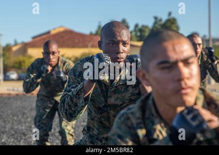 USA Marinekorps rekrutieren Jayden Gilkes bei Delta Company, 1. Recruit Training Batailion nimmt während einer Martial Arts Program-Klasse des Martial Corps im Marine Corps Recruit Depot San Diego, 24. Februar 2022, eine Kampfposition ein. Die Rekruten wurden anhand der Techniken getestet, die ihnen beigebracht wurden, ihre Bräunungsgürtel zu verdienen. Gilkes wurde in der Rekrutierungsstation Bloomington, Minnesota, rekrutiert. Stockfoto