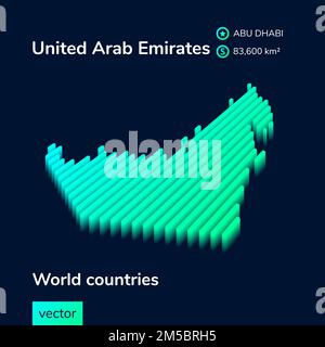 Stilisierte isometrische digitale Neon-gestreifte Vektorkarte der Vereinigten Arabischen Emirate mit 3D-Effekt. Die Karte von United rab Emirates ist in Grün und Minzfarben auf dem zu sehen Stock Vektor