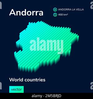 Andorra 3D Karte. Stilisierte Neon-Digitalvektorkarte Andorras mit isometrischen Streifen in Grün und Mint auf dunkelblauem Hintergrund Stock Vektor