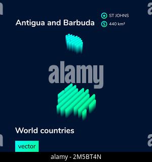 Stilisierte, digitale isometrische, gestreifte Neon-Vektor-Antigua- und Barbuda-Karte mit 3D-Effekt. Die Karte von Antigua und Barbuda ist in Grün und Minzfarben auf dem d Stock Vektor