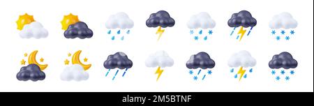 Satz von 3D Wettervorhersagesymbolen auf weißem Hintergrund. Illustration von Sonne, Mond, Sternen, Tag und Nacht Wolken mit Regen, Schnee, Blitz, Graupel, Gewitter, Regen, Schneefall. Klimabedingungen Stockfoto