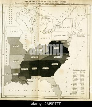 Karte mit der Anzahl der Sklaven in den südlichen Bundesstaaten der USA, 1854. Der englische Arzt Marshall Hall (1790-1857) und sein Sohn reisten 1854 durch die Vereinigten Staaten, Kanada und Kuba. Er veröffentlichte einen Bericht über seine Erfahrungen und Beobachtungen als die Sklaverei der Vereinigten Staaten; mit einem Projekt der Selbstemanzipation im Jahr 1854.; das Frontispiece zeigt eine Karte der Staaten mit der Anzahl der Sklaven in jedem - die dunklere Schattierung zeigt die größere Anzahl der Sklaven an. Stockfoto