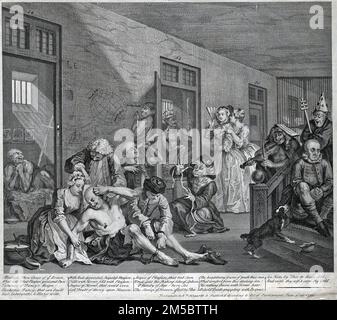 Aslyumätzung von William Hogarth, 1735. Dieser als letzte von acht Gravuren mit dem Titel „A Rake's Progress“ veröffentlichte Aufdruck zeigt die Geschichte von Tom Rakewell, einem reichen Jugendlichen, der sein Erbe wegen Unmoralität, Nachlässigkeit und Gier vergeudet. Wenn er in den Wahnsinn absteigt, führt der besetzte Rakewell in eine Anstalt für Bedürftige und Verrückte. Stockfoto