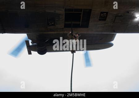 EIN US-AMERIKANISCHER Marine mit Echo Company, 2. Bataillon, 6. Marines, führt ein schnelles Seiltraining durch von einem CH-53E Super Hallion an Bord des Marine Corps Basislagers Lejeune, North Carolina, 24. Februar 2022. Echo Co. Führte die Schulung zur Zertifizierung für luftgestützte Einführoperationen zur Vorbereitung eines bevorstehenden Einsatzes durch. Stockfoto