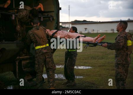 USA Navy Sailors mit Combat Logistics Regiment 37, 3. Marine Logistics Group, Transport simulierte Unfälle während des Corpsman Cup in Camp Foster, Okinawa, Japan, 25. Februar 2022. Der Corpsman Cup ist eine jährlich stattfindende Herausforderung, an der Marines und Matrosen teilnehmen, um Kameradschaft aufzubauen und lebensrettende Fähigkeiten zu üben. Stockfoto