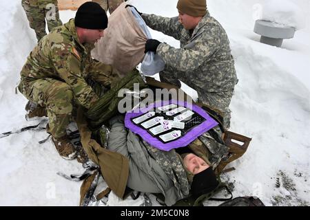 Soldaten des Alaska-Kommandos nehmen an der arktischen medizinischen Ausbildung am Medical Simulation Training Center in Fort Wainwright Teil, als Teil der Übung Arctic Edge 2022. Das Training bot den Teilnehmern Informationen zur Erkennung und Behandlung von Verletzungen bei kaltem Wetter sowie praktische Übungen im Tiefschnee. (Foto von Eve Baker, Fort Wainwright Public Affairs Office) Stockfoto