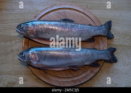 Zwei frisch gefangene Forellen (Salmo trutta) auf einem Holzbrett, Bayern, Deutschland Stockfoto