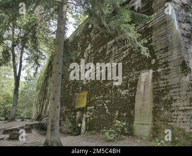 Adolf Hitlers Bunker in den Ruinen der Wolfsschanze (auch Wolfschanze oder Goerlitz), dem militärischen Lagezentrum des Kommandostabs der Stockfoto